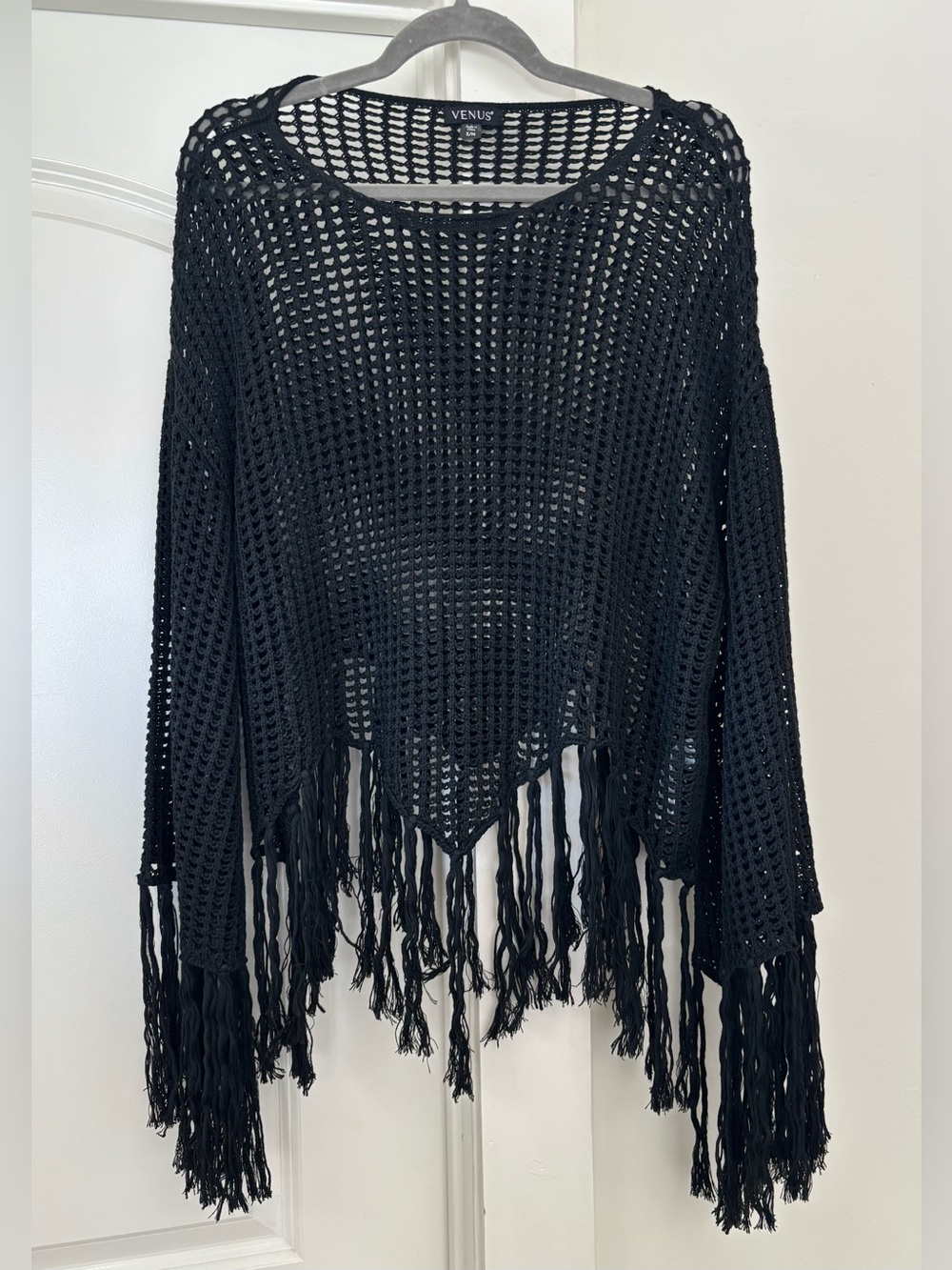 VENUS Black Open-Weave Fringe Poncho Top